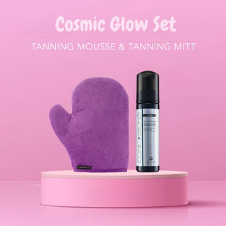 Iconic Bronze Cosmic Glow Set. Contains luxury tanning mitt & Tanning mousse in shade dark. Eske Beauty