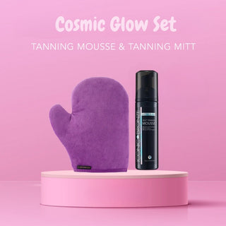 Iconic Bronze Cosmic Glow Set. Contains luxury tanning mitt & Tanning mousse in shade extra dark. Eske Beauty