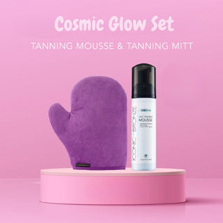 Iconic Bronze Cosmic Glow Set. Contains luxury tanning mitt & Tanning mousse in shade medium. Eske Beauty