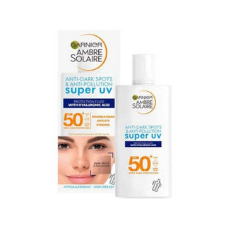 Garnier Ambre Solaire Super UV SPF 50+ Protection Fluid with Hyauronic Acid. Protect your senstitive skin from the sun. Eske Beauty. 