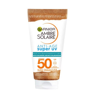 Garnier Ambre Solaire Super UV Anti-age Face Protection Cream SPF50. Contains Hyaluronic acid with a non-greasy texture. Eske Beauty 