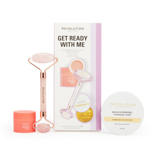 Revolution Skincare Get Ready With Me Collection. 1 x Revolution Skincare Berry Nourishing Lip Sleeping Mask. 1 x Revolution Skincare Rose Quartz Roller - Made with traditionally calming Rose Quartz. 1 x Revolution Skincare Gold Eye Hydrogel Hydrating Eye Patches with Colloidal Gold. Eske Beauty