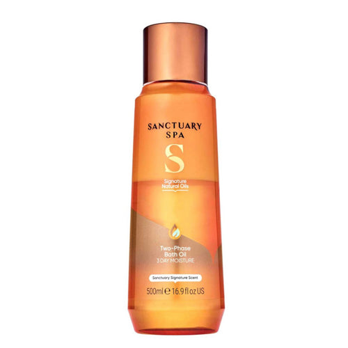 Sanctuary Spa Signature Natural Oils Two-Phase Bath Oil 500ml. Hydrating skin for up to 3 days. Eske Beauty.