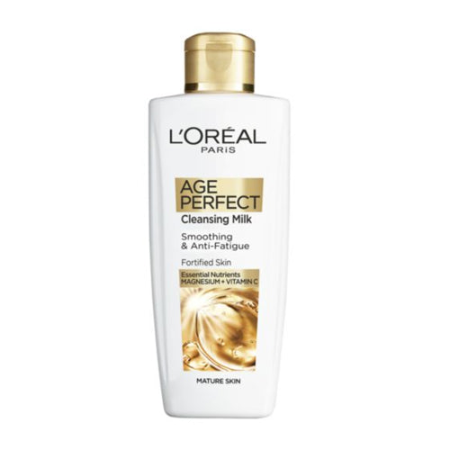 L'Oreal Paris Age Perfect Smoothing & Anti Fatigue Vitamin C Cleansing Milk 200ml. Post menopause mature skin. Eske Beauty