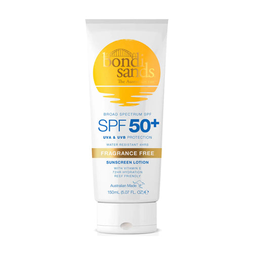 Bondi Sands Sunscreen Lotion SPF50+ - Fragrance Free 150ml. Protects against UVA & UVB. Water Resistant upto 4hrs. Eske Beauty