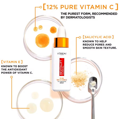 L'Oréal Paris Revitalift Clinical 12% Pure Vitamin C Serum 30ml. Brightens skin, boosts skin texture. Eske Beauty
